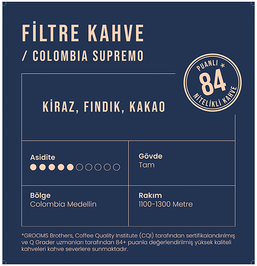 Colombia Nitelikli Filtre Kahve 250 GR / Supremo (Kiraz, Fındık, Kakao)