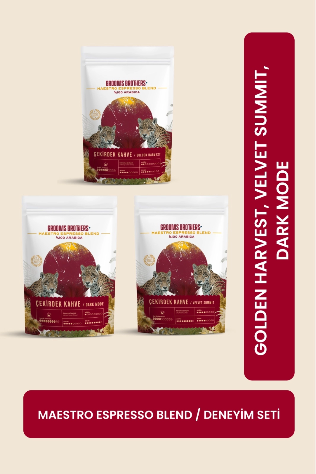 Çekirdek Nitelikli Kahve Seti Özel Kavurma Golden Harvest Velvet Summit Dark Mode 3x250G