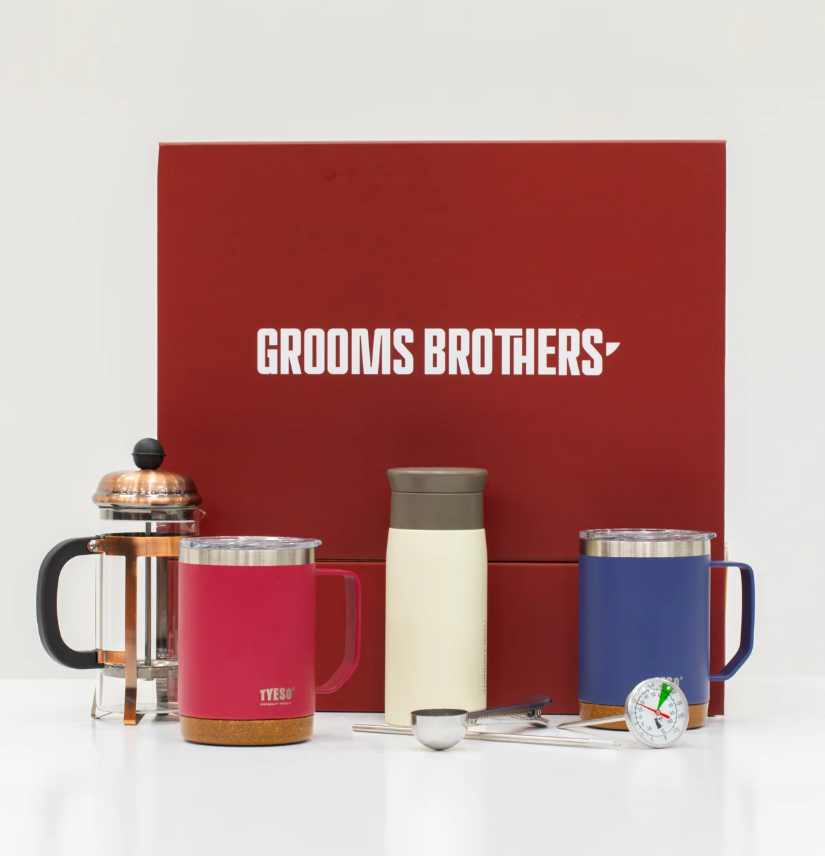 Grooms Brothers ekipman seti — french press, termos, kupa ve aksesuarlar